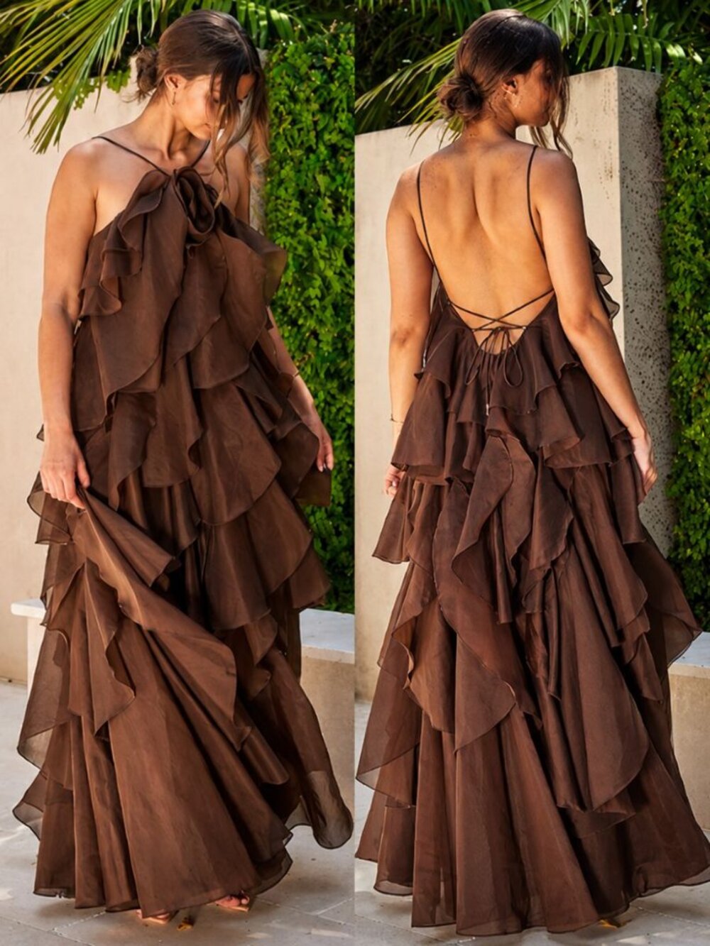 Aje Pandorea Dress Carob Brown Ruffle Rosette Layered Maxi NWT Size AU 10/US 6